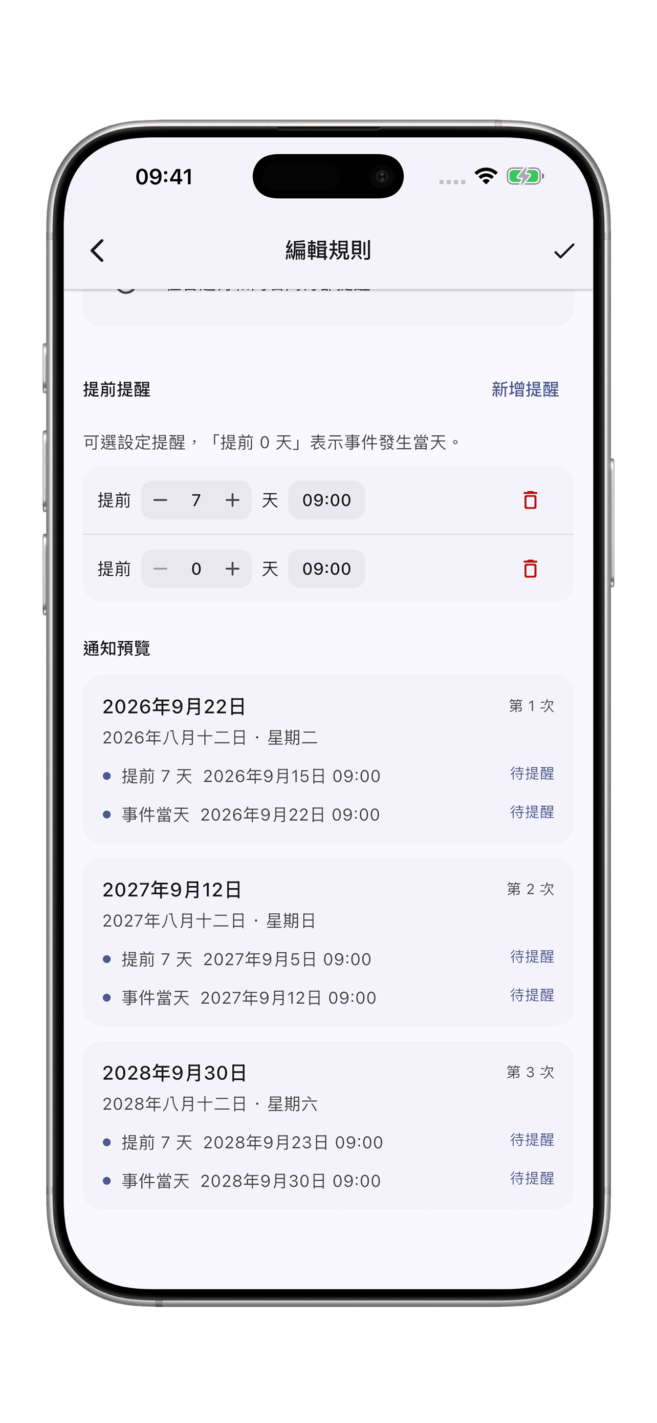 念日：一週前準備，當天再提醒